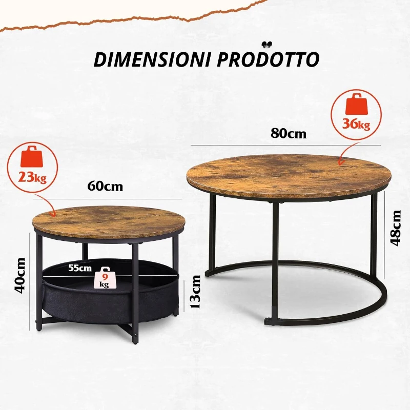 Set da 2 tavolini da salotto, design 2‑in‑1 flessibile, design moderno, 80x80x48,2 cm, Marrone