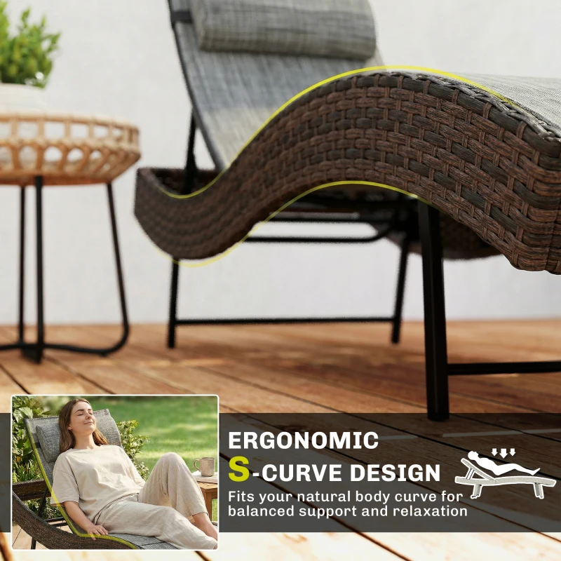 Outsunny Rattan Sun Lounger, Garden Recliner with 5 Position Adjustable Back, S Shaped Texteline Seat, Headrest, Brown