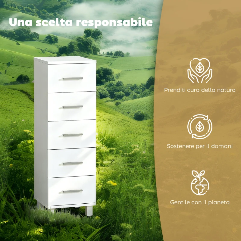 HOMCOM Cassettiera a 5 Cassetti per Camera da Letto e Soggiorno in Legno, 30x30x95 cm, Bianco