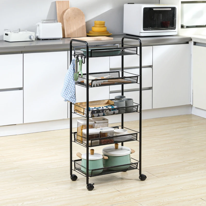 HOMCOM Carrito Auxiliar con Ruedas de 5 Niveles con Cestas de Malla Extraíbles y Marco de Acero 45x26,5x106 cm Negro