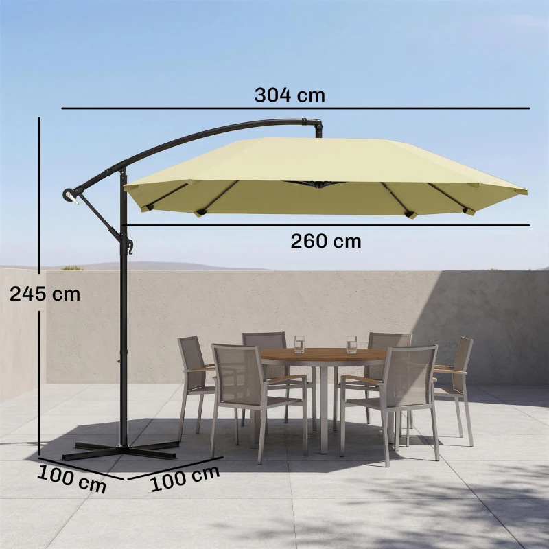 Outsunny Cantilever Parasol Alu Ø 260 cm, Waterdichte Slingerparasol met Standaard, Kruk, Beige