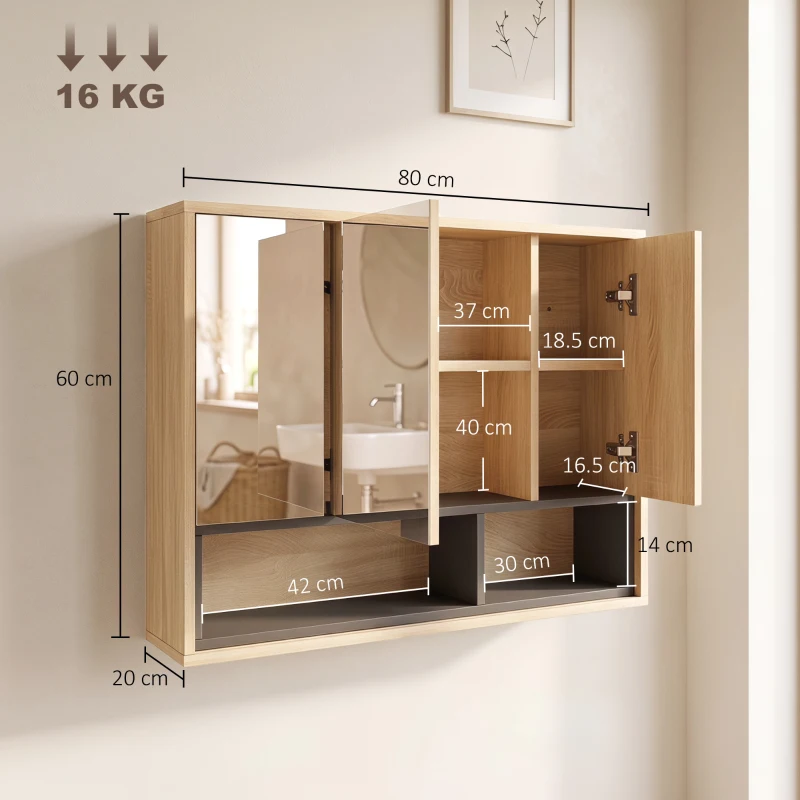 HOMCOM Mobilier de baie cu oglindă, dulap suspendat cu 3 uși și 8 compartimente, stejar