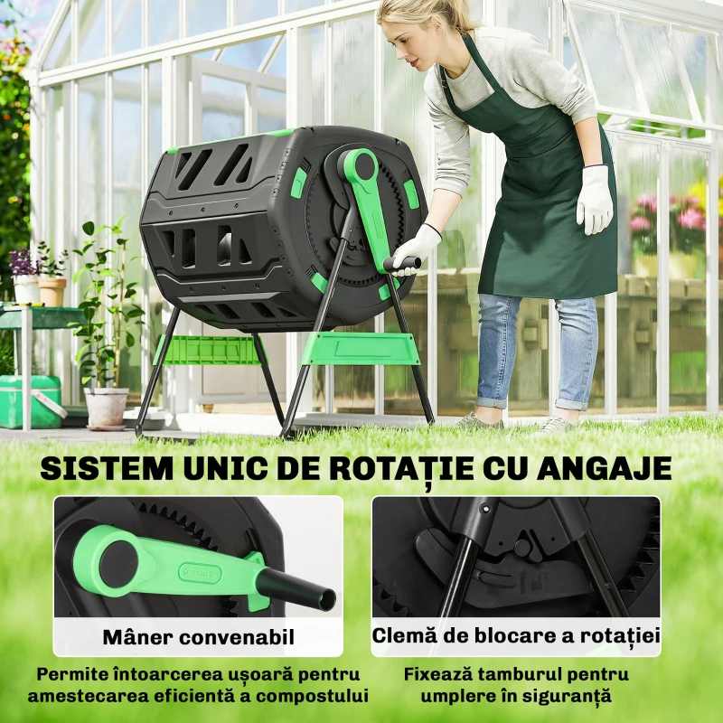 Outsunny Compostor de grădină, compostor rotativ cu două camere, 200L, negru