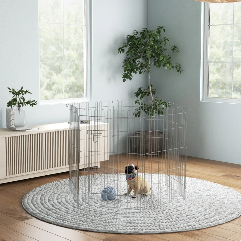PawHut Vallas para Perros Plegables de 8 Piezas 63x91 cm con 1 Puerta y Marco de Acero para Jardín Patio Plata