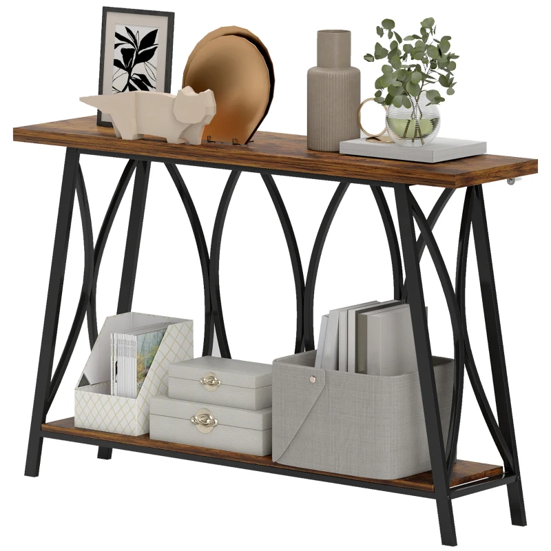 HOMCOM Narrow Console Table, Industrial 2-Tier Sofa Table with Metal Frame for Entryway, Living Room, 120x30x80cm, Rustic Brown