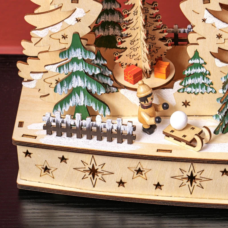 HOMCOM Kerstdorp in Winterwonderland, 20 LED-Lichten, Meerlaags, Natuurhout, 45 x 12 x 30 cm