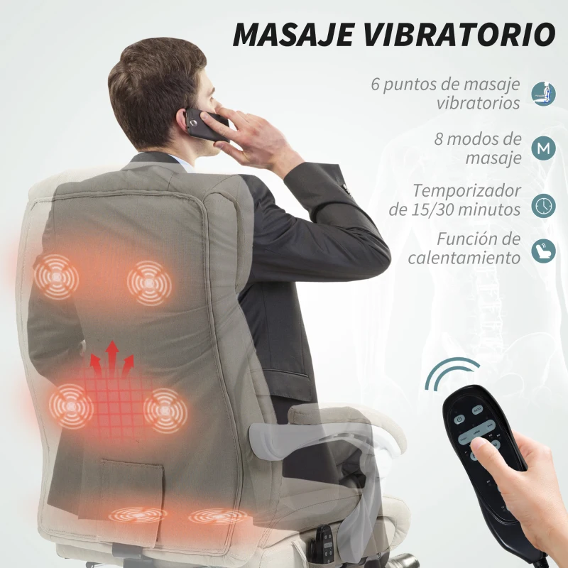 HOMCOM Silla de Oficina de Masaje con Respaldo Alto Reclinable con Calor Lumbar Reposapiés y Ruedas 66x70x112-120 cm Beige