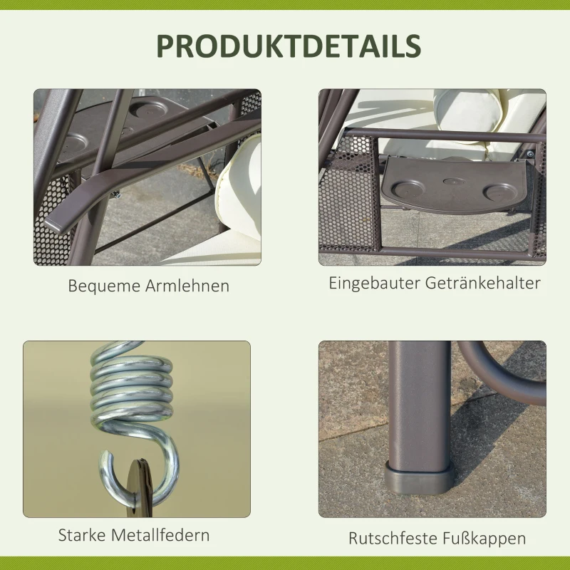 Outsunny 2-zits tuinschommelstoel met luifel Kussenblad Metaal Polyester Beige 162 x 118 x 173 cm