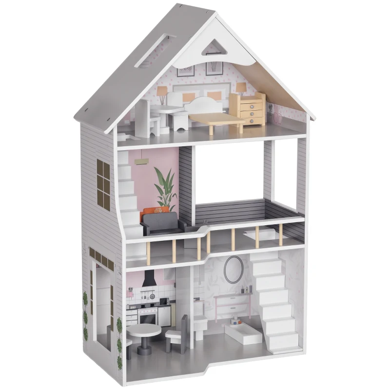 AIYAPLAY poppenhuis, 3-laags houten speelhuis met 13 meubels en trap, 85,3 cm hoog, speelgoedcadeau voor meisjes van 3-6 jaar, grijs