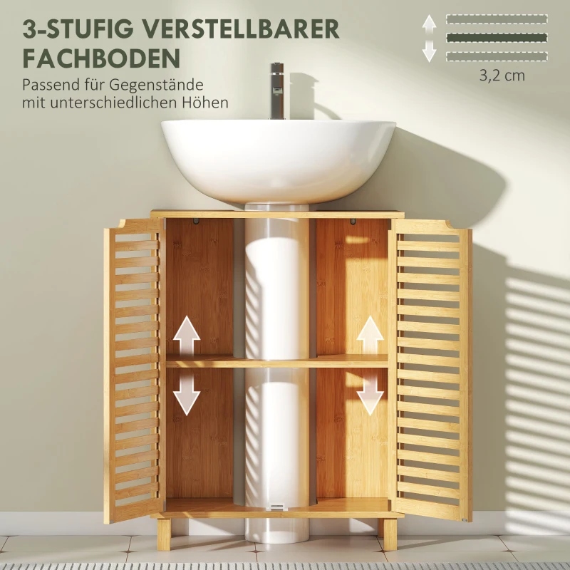 HOMCOM Wastafelonderkast voor badkamer, badkast met lamellendeuren, bamboehout, verstelbare planken, naturel