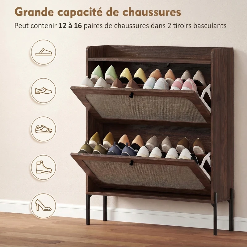 HOMCOM Meuble à Chaussures 16 Paires, 2 Tiroirs, Portes en Rotin et Étagères Réglables, 80x23,7x99,5cm, Marron Foncé