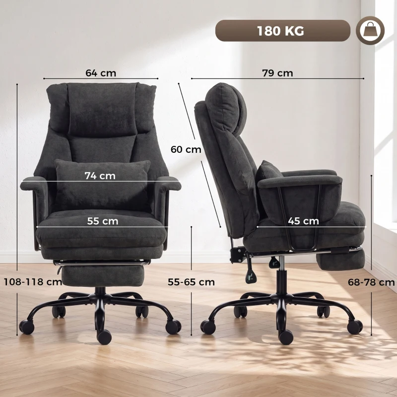 HOMCOM Office Chair, 180kg Heavy Duty Linen Computer Desk Chair with Lumbar Support, Wide Seat, Spring Cushion, Black