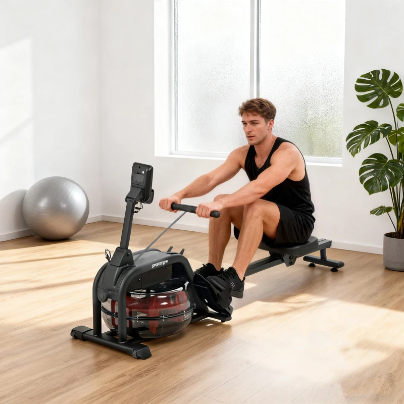 SPORTNOW Roeimachine voor training, roeimachine met 6-11 L watertank, LCD-monitor, telefoonhouder, 135 kg draagvermogen, staal, zwart