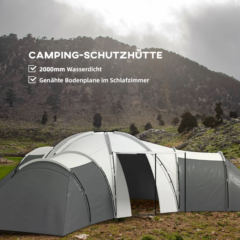 Outsunny Kampeertent voor 6-9 personen, 4 kamers, voortent, waterdicht, 615x 615x225cm, Grijs