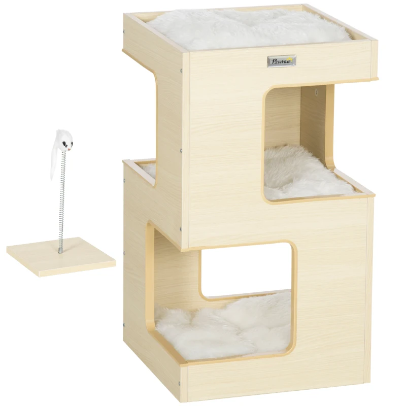 PawHut kattengrot, kattenhuis, 3-laags kattenkast met kussen, eikenhout