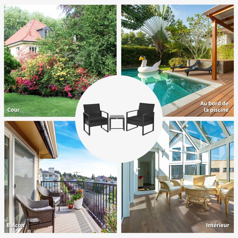 Outsunny Salon de jardin 2 places 3 pièces 2 chaises avec coussins + table basse plateau verre trempé résine tressée 4 fils imitation rotin noir