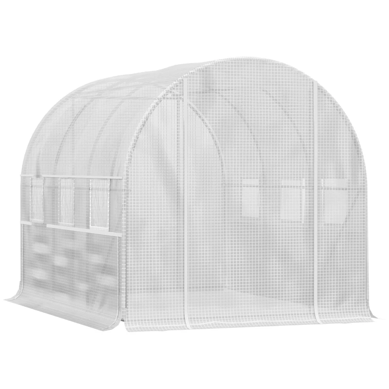 Outsunny Foliënkas met 6 oprolbare ramen, deur met ritssluiting, roestvrij stalen frame, 2,95 x 2 x 2 m, wit