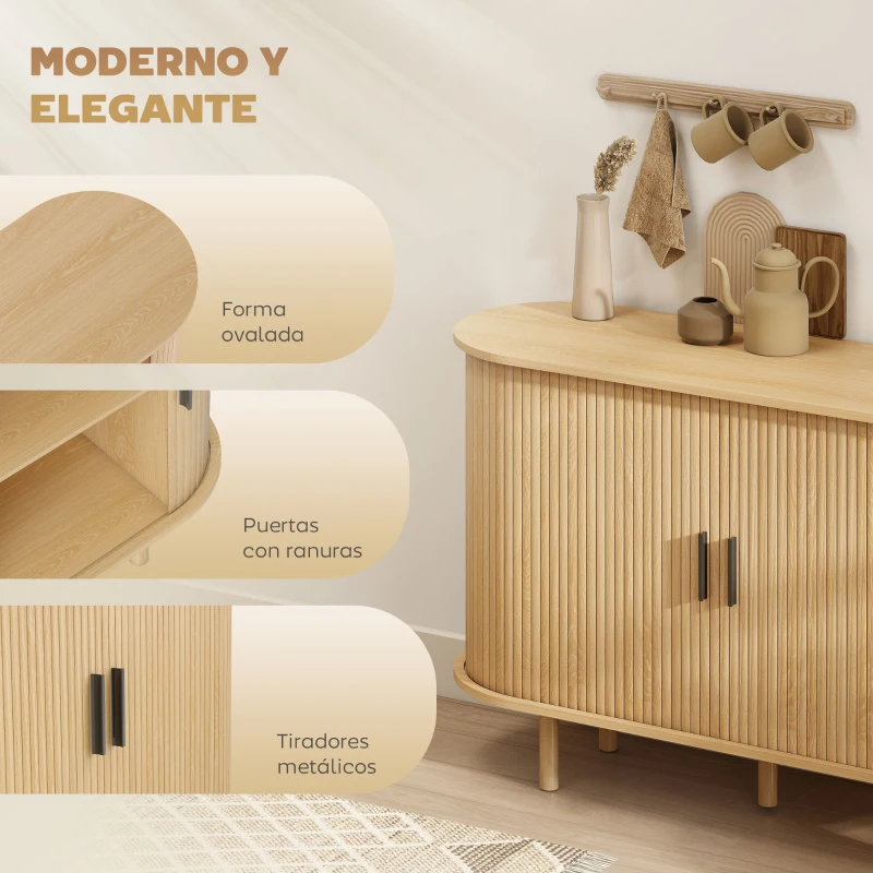 HOMCOM Aparador con Puertas Tambour Deslizantes 4 Compartimentos y Patas de Madera 120x40x78 cm Roble