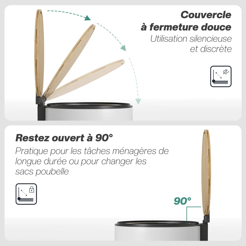 HOMCOM Poubelle cuisine 30L, poubelle à pédale avec seau intérieur amovible, couvercle à fermeture douce, 36x30x60,5cm, blanc