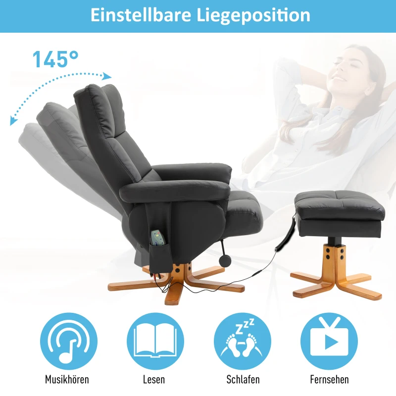 HOMCOM massagestoel met voetenbank relaxstoel kantelbaar tot 145° kunstleer zwart 80 x 86 x 99 cm