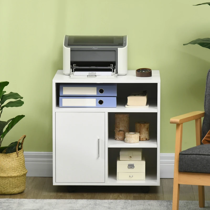 HOMCOM Mobiletto Porta Stampante con Ripiani Aperti e Armadietto in Legno, 60x50x65.5cm, Bianco