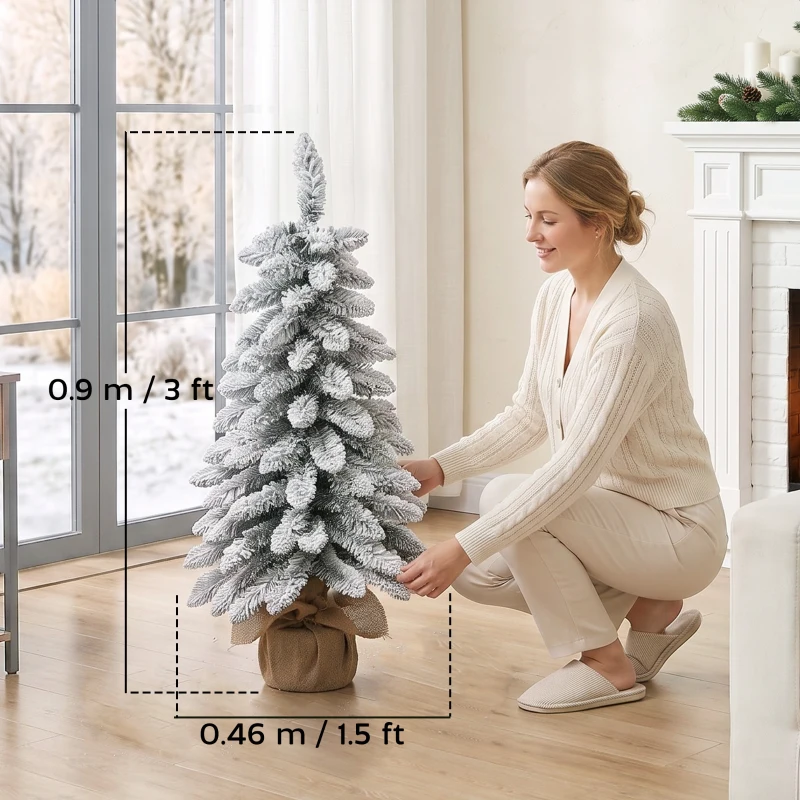 HOMCOM Brad artificial mic, brad artificial de Crăciun înzăpezit, 107 ramuri, cu bază din pânză de sac, 90cm, alb