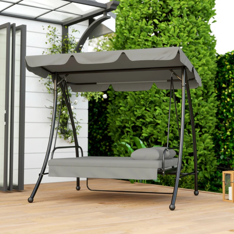 Outsunny Hollywood schommel tuinschommel schommelbank met ligfunctie, 3 zits, metaal + polyester, grijs, 209 x 114 x 170 cm | Aosom