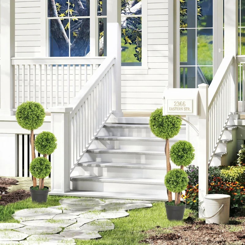 HOMCOM Set 2 Plante Artificiale de Buxus cu 3 Sfere, cu Ghiveci și Fund Întărit, Înălțime 90 cm, pentru Interior și Exterior