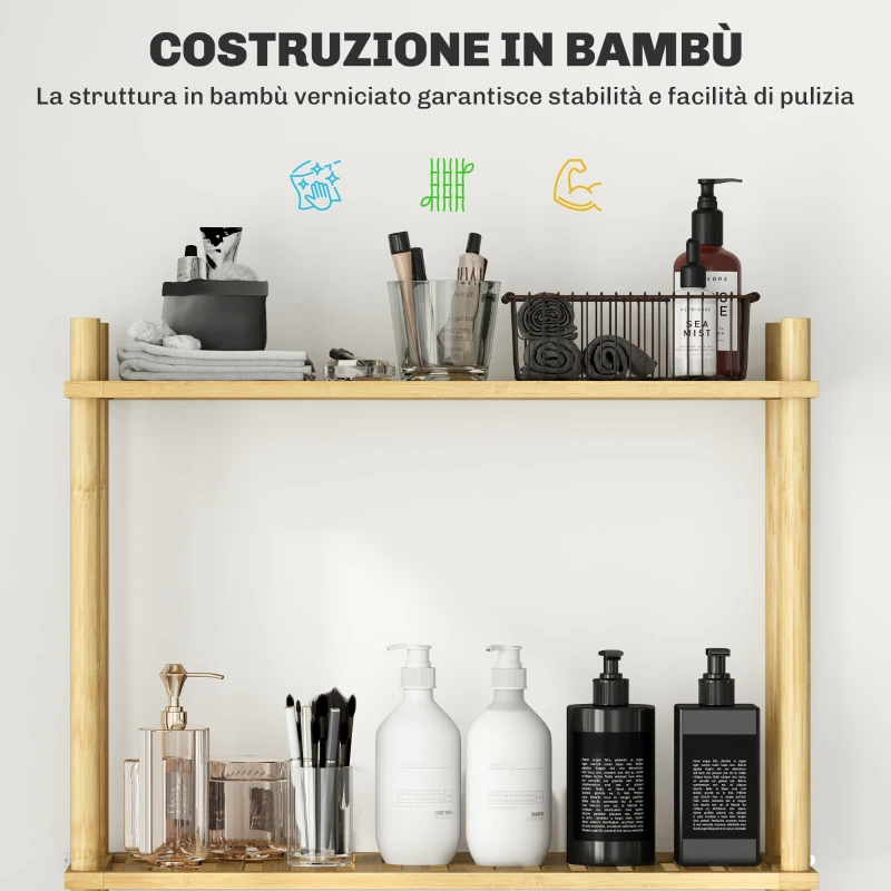 HOMCOM Mobile Sopra WC a 3 Ripiani a Doghe Salvaspazio in Bambù, 63.5x25.5x181 cm, color Legno