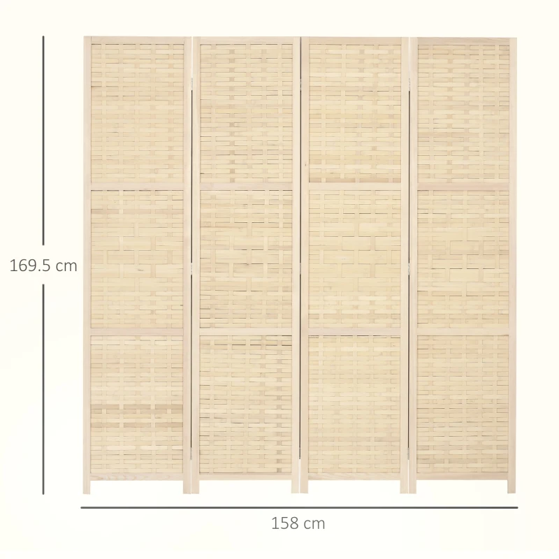 HOMCOM Paravento Separé da Interno a 4 Ante in Legno e Bambù, Pieghevole e Salvaspazio Altezza 170cm, Marrone
