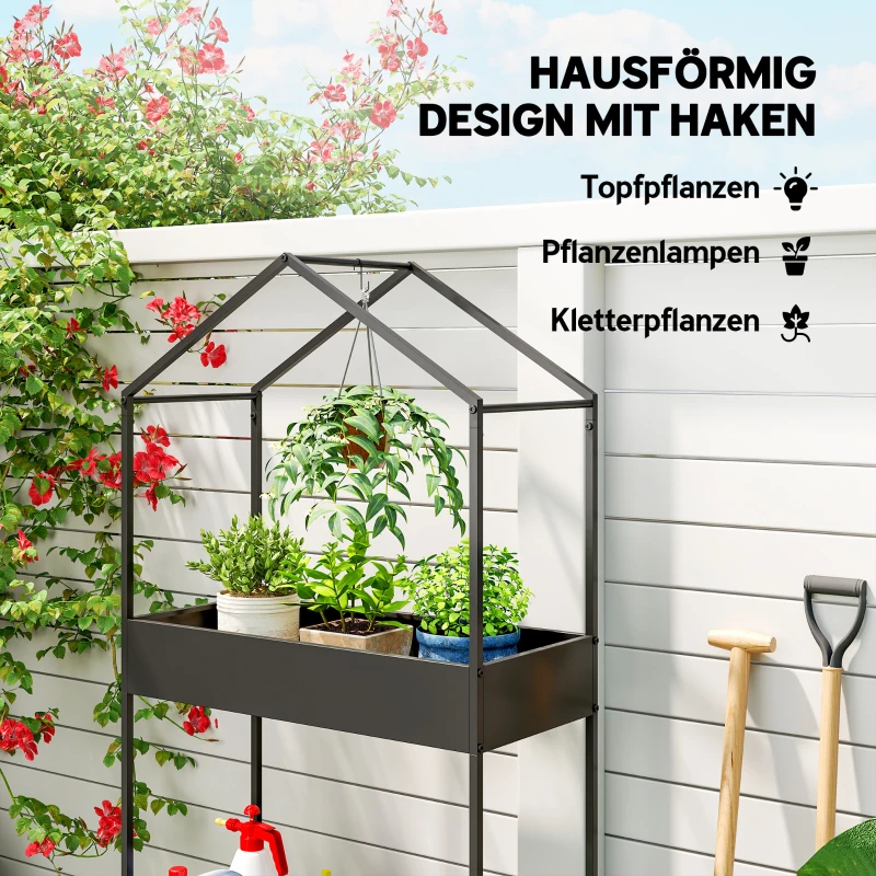 Outsunny 2-laags plantenstandaard in huisvorm, 150 cm hoge plantenstandaard met haak, metaal, zwart
