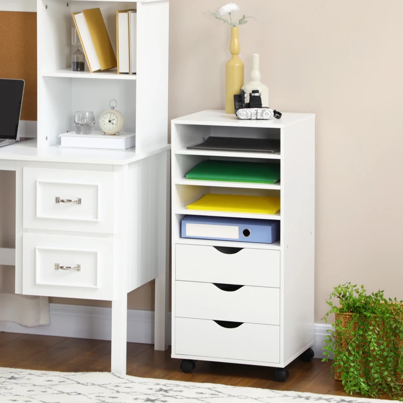 Vinsetto Cassettiera da Ufficio con 4 Ruote 4 Ripiani 3 Cassetti, Legno Bianco