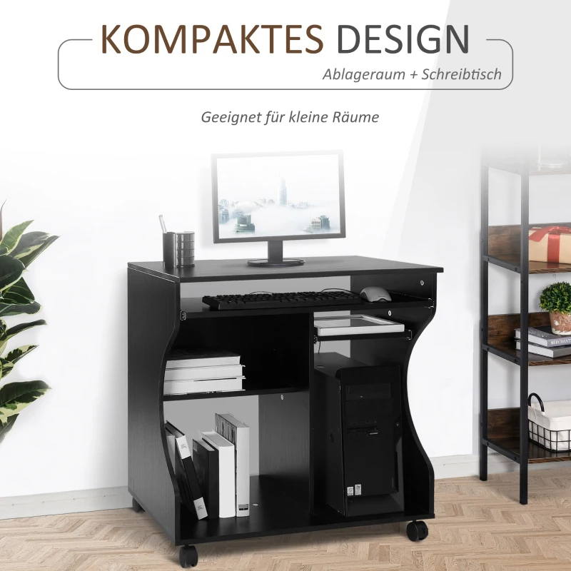 HOMCOM Mobiel rolbaar bureau zwart computerbureau tafel werktafel met aflegvlak