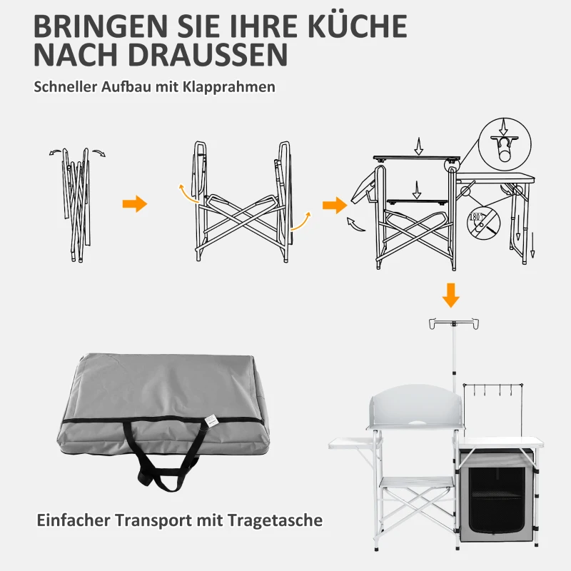 Outsunny Campingkeuken inklapbaar, buitenshuis keuken met UV-bescherming, windscherm, zilver