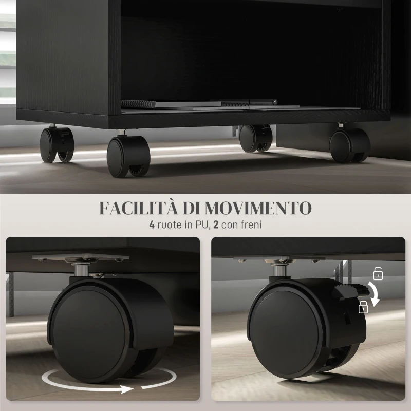 HOMCOM Mobile Porta Stampante a 2 Livelli con 3 Scomparti e Ruote per Ufficio e Studio, 40x30x36cm, Nero