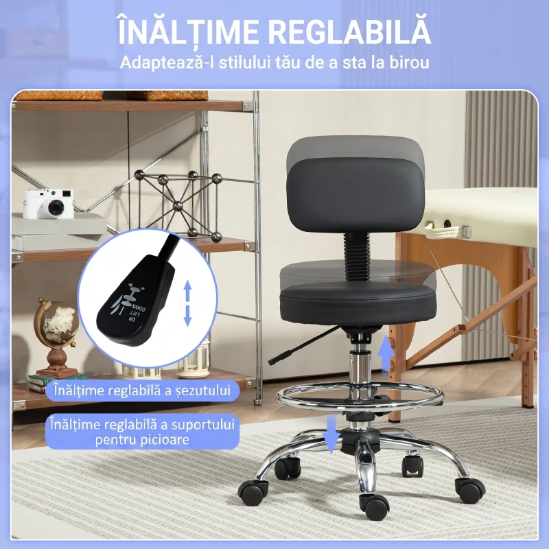 HOMCOM Scaun rotativ cu înălțime reglabilă și suport pentru picioare, din oțel, piele ecologică și spumă, 52x52x78-92 cm, negru