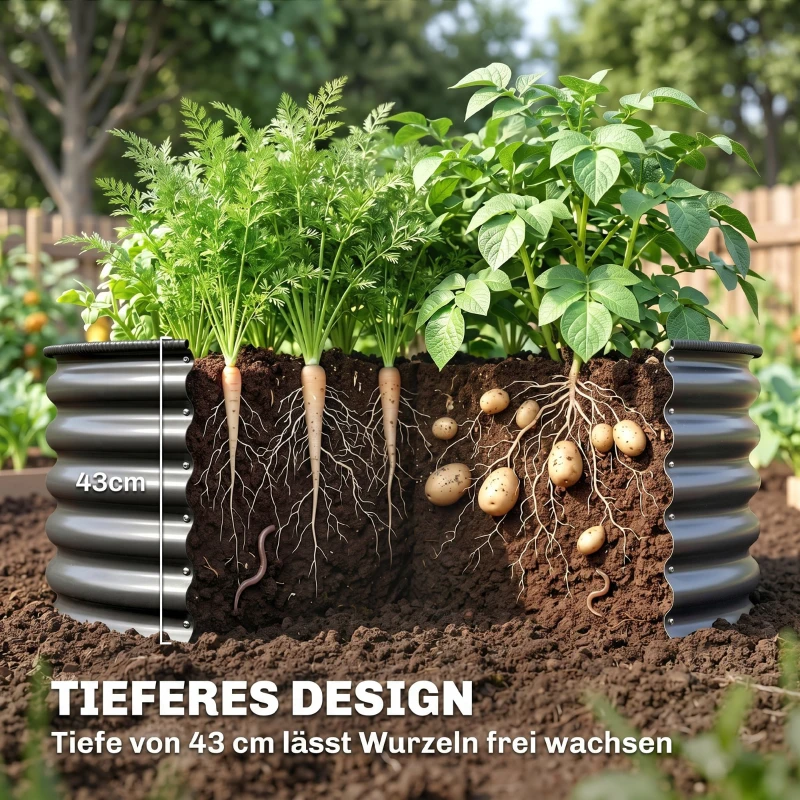 Outsunny Verhoogd Bed, Gegalvaniseerde Plantenbak met Veiligheidsrand, Plantenbox met Open Bodem, 120 x 120 x 43 cm, Donkergrijs