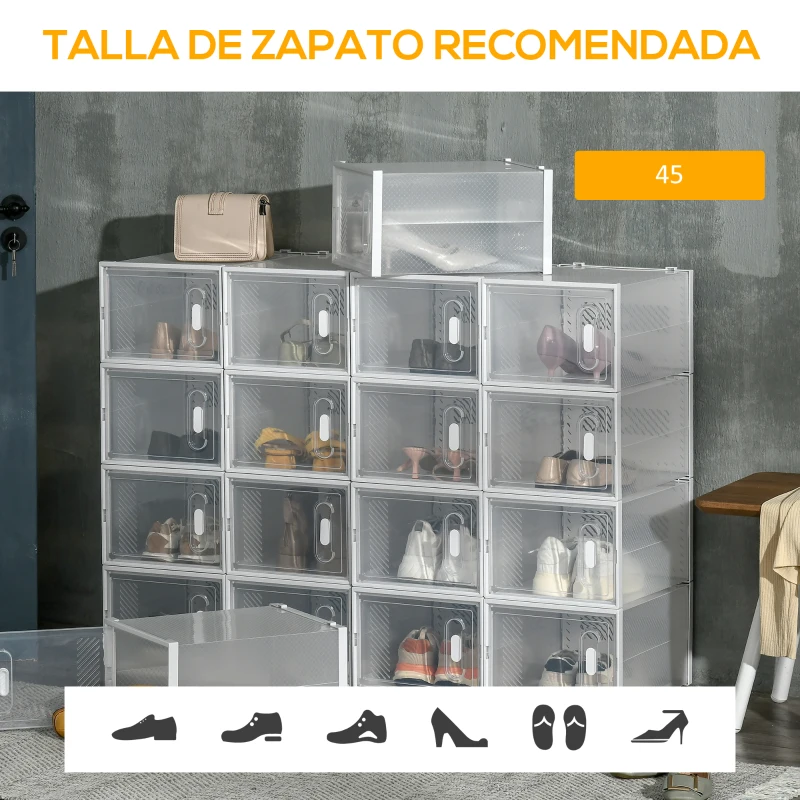 HOMCOM Organizador de Zapatos Modular Estantería Modulable con 18 Cubos Puertas Magnéticas 28x36x21 cm Transparente