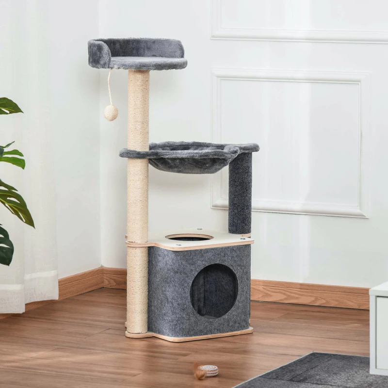 PawHut Albero Tiragraffi per Gatti Alto 95cm, Palestra per Gatti di Multilivelli con Casetta, Amaca, Pallina da Gioco, Cuccia e Corde in Sisal, 48x34x95cm, Grigio