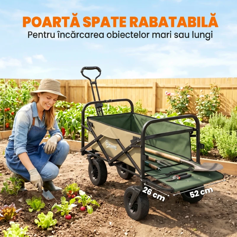 Outsunny Cărucior de grădină 110L cu mâner telescopic și bază rabatabilă din oțel și material textil Oxford, culoare kaki