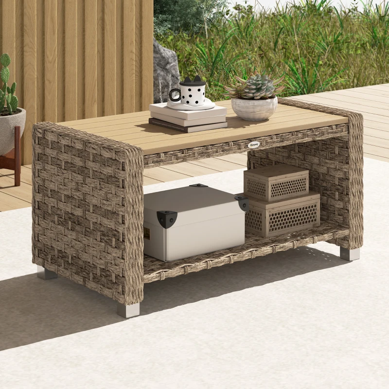 Outsunny Outdoor Coffee Table with Storage Shelf, PE Rattan Side Table with Slatted Top and Foot Pads, Light Brown
