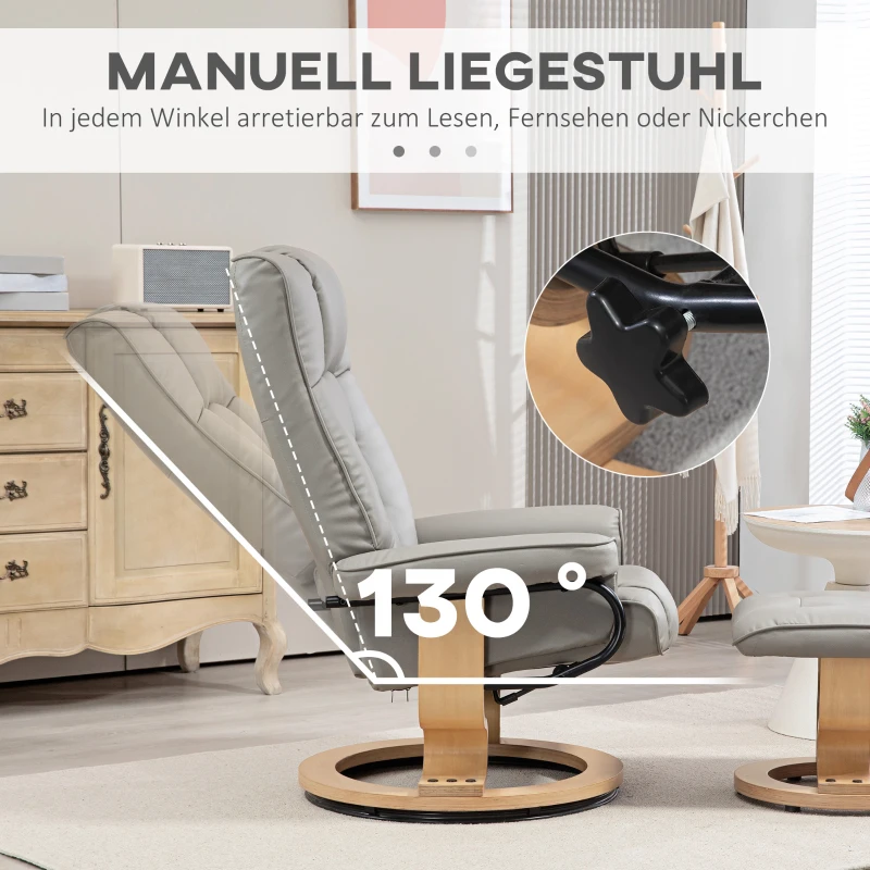 HOMCOM Relaxfauteuil met Voetenbankje, Draaibaar & Kantelbaar, Kunstlederen Bekleding, tot 150 kg, Houten Frame, Grijs