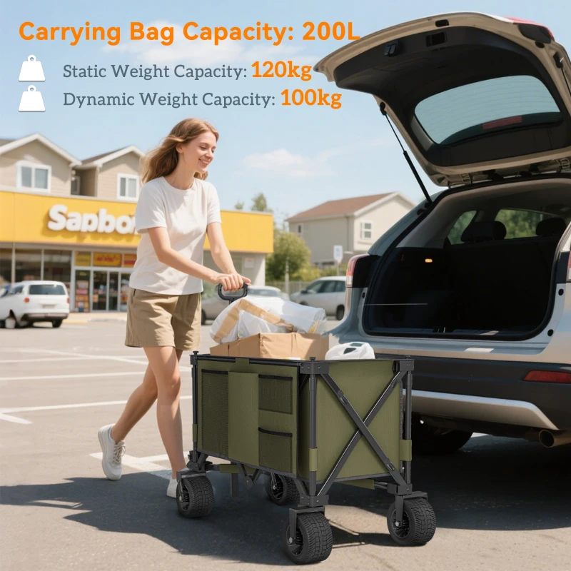 Outsunny 300L Festival Trolley on Wheels, Folding Camping Trolley Cart, Heavy Duty Collapsible Wagon Cart with Wide Wheels, Side Pockets for Outdoor Garden Picnic Beach Shopping Fishing, Green