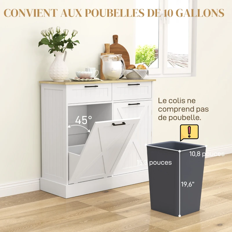 HOMCOM Buffet cuisine avec meuble poubelle 38L, meuble cuisine rangement, 2 tiroirs, étagère à épices et plan de travail, blanc