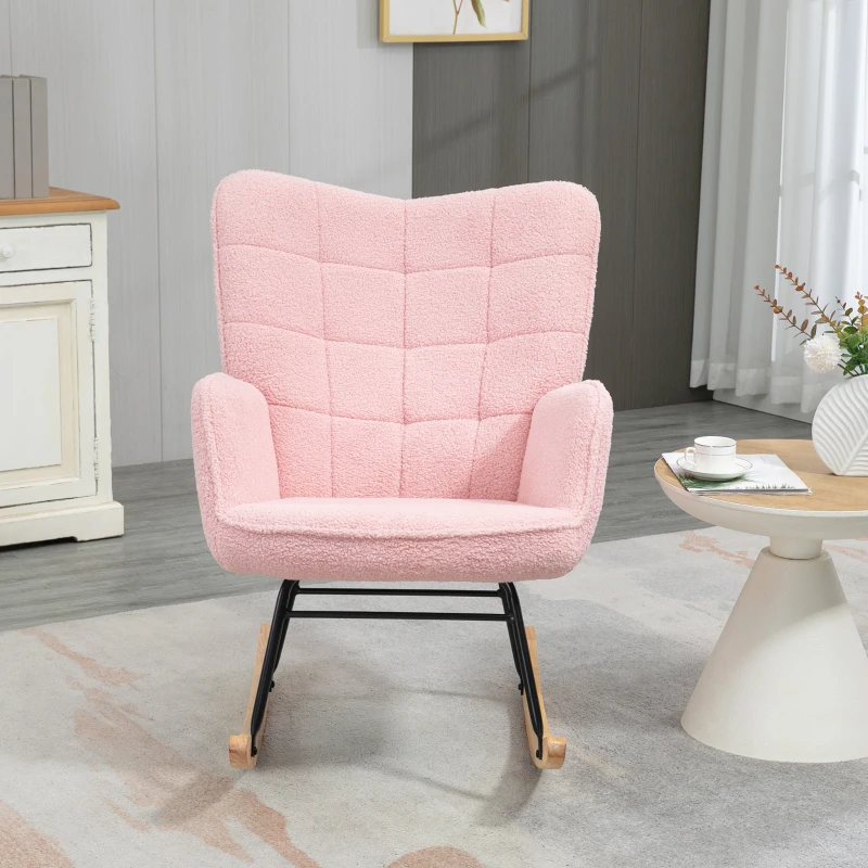 HOMCOM Schommelstoel in retro design, relaxfauteuil, massief hout, roze
