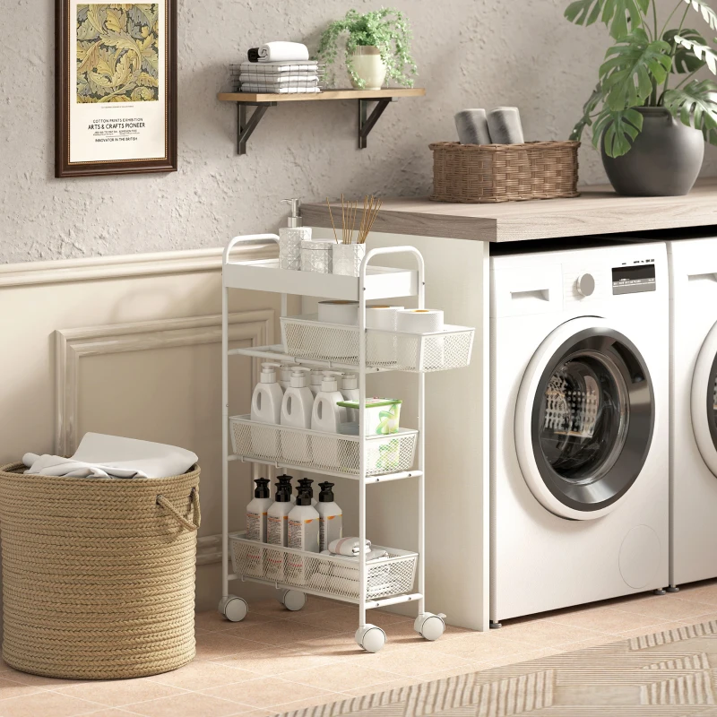 HOMCOM Keukentrolley van metaal, 3 manden, smal design, 4 wielen, voor keuken, woonkamer, badkamer, Wit