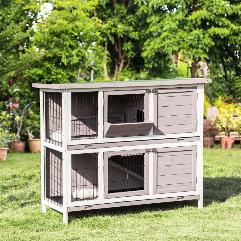 PawHut Cage à lapin en bois massif clapier 2 niveaux toit ouvrant avec auge plateaux coulisants 4 portes 122 x 50 x 101 cm gris blanc
