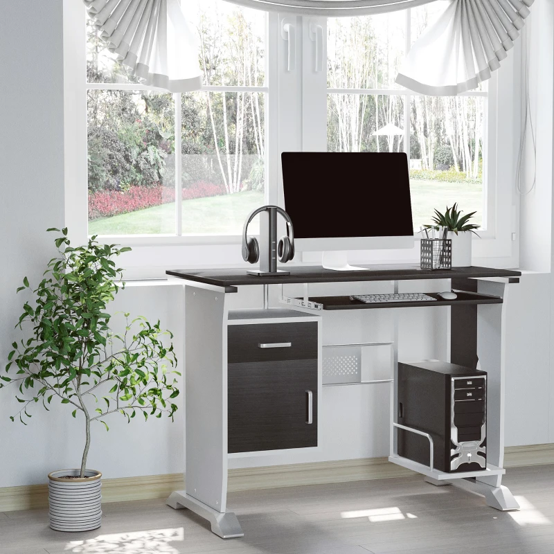HOMCOM Bureau d'ordinateur, 100 x 52 x 75 cm, bureau avec tablette coulissante pour clavier, tiroirs et support d'unité centrale, table informatique pour étudier noyer foncé et blanc