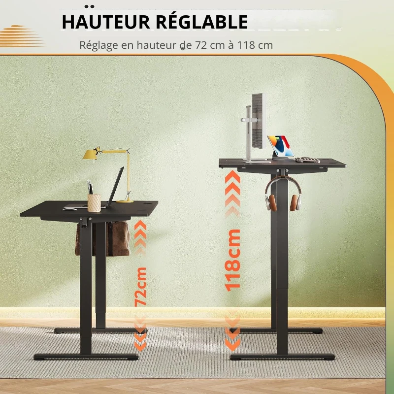 Bureau assis‑debout électrique, mémoire 3‑positions et commande LED, 140x70x72-118 cm, Noir
