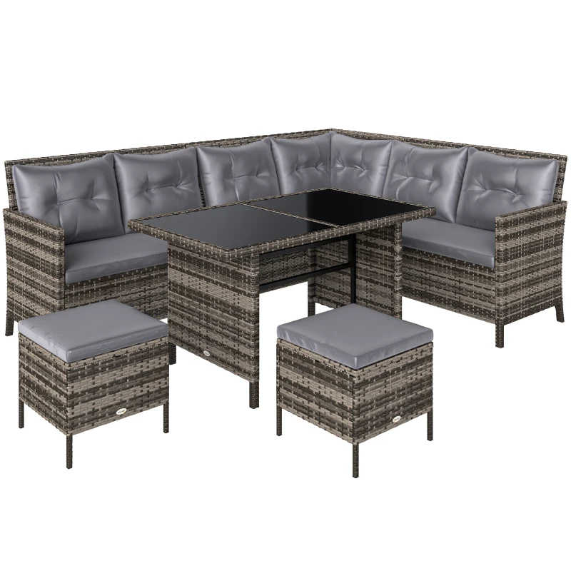 Outsunny Ensemble salon de jardin 8 personnes grand confort 3 canapés d'angle + 2 poufs + table à manger 12 coussins assise & dossier fournis polyester écru résine tressée gris
